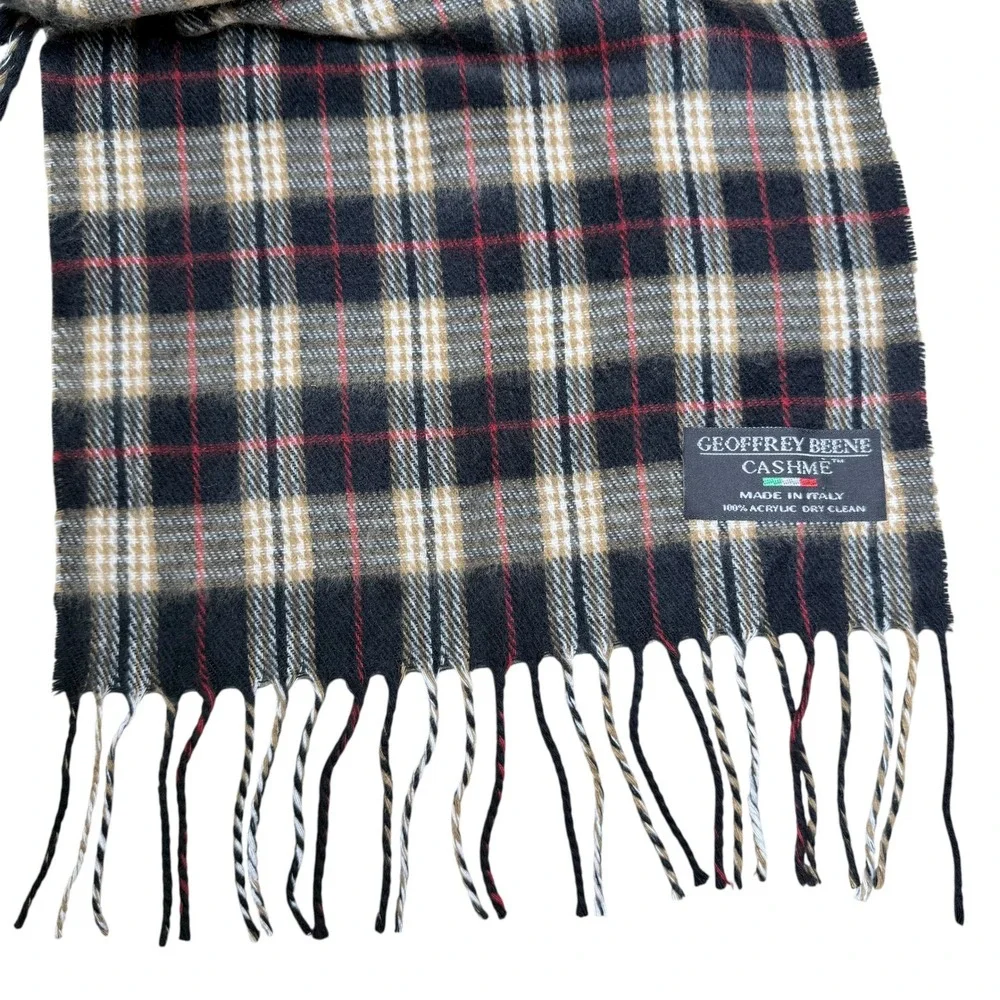 Geoffrey Beene Cashme Scarf Plaid Black Tan Red Made in Italy Acrylic Fringe‎